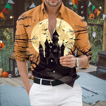 Мужская рубашка с длинным рукавом на Хэллоуин с пейзажным принтом, весенне-осенний повседневный свободный топ, кардиган с отложным воротником и пуговицами, осенние наряды