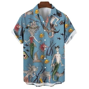 Мужские гавайские синие рубашки с принтом Летние мужские рубашки с коротким рукавом пляжные блузки Рубашки с лацканами и пуговицами Топы