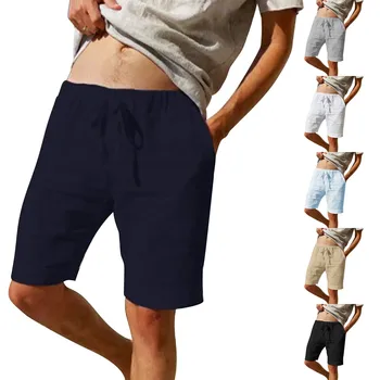 Мужские однотонные повседневные пляжные шорты в обтяжку с простым шнурком, утолщенные льняные шорты в обтяжку с цветочным рисунком