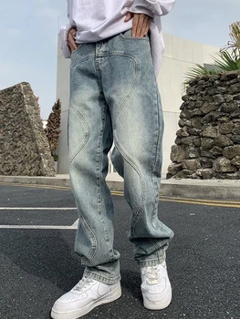 Мужские прямые модные брендовые широкие мешковатые джинсы, мужские Свободные брюки-карго в стиле хип-хоп Ретро, мужские прямые уличные джинсовые брюки