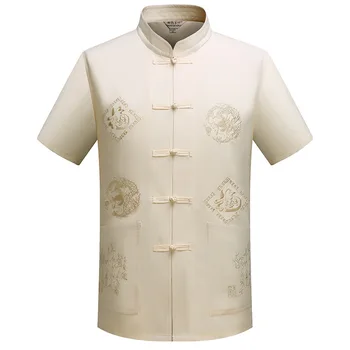 Мужские традиционные китайские рубашки с коротким рукавом Hanfu с вышивкой в стиле ретро для мужчин, костюм кунг-фу тай-чи, мужские рубашки с рисунком дракона