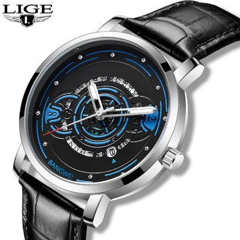 Мужские часы LIGE, лидирующий бренд, роскошные кожаные Модные деловые кварцевые часы для мужчин, полые Водонепроницаемые светящиеся Спортивные Мужские часы с датой