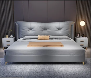 Мягкая кровать в спальне 1,8-метровая двуспальная кожаная кровать итальянская многослойная раскладушка в минималистичном стиле Новая кожаная кровать в главной спальне