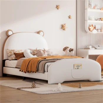 Мягкая кровать-платформа С изголовьем и изножьем в форме Медведя Белый + коричневый Простая в сборке Прочная Мебель для спальни