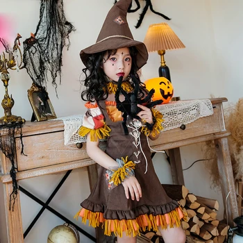Набор ведьм на Хэллоуин, Пугало, детский косплей, бал для макияжа, пасторальный костюм, Шляпа Клоуна, платье, ожерелье, Набор носков с петлей для рук