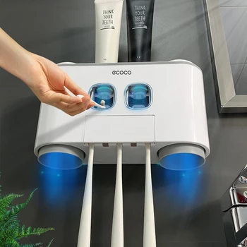Настенный держатель зубной щетки YOREDE с чашками, автоматический дозатор зубной пасты, Пылезащитный многофункциональный набор аксессуаров для ванной комнаты
