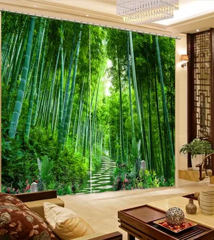 Натуральная Красивая 3D-занавеска Зеленая занавеска Бамбуковые лесные цветочные занавески Затемняющие шторы на окнах