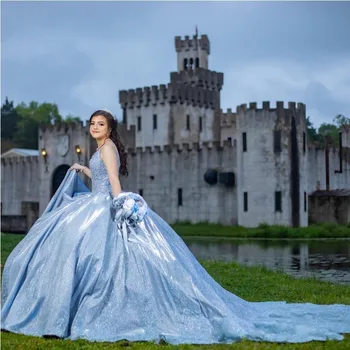 Небесно-Голубые Блестящие Пышные Платья С Аппликацией Из Бисера И Блесток На Тонких Бретельках Роскошное Бальное Платье Милой Принцессы Vestidos De 15Años
