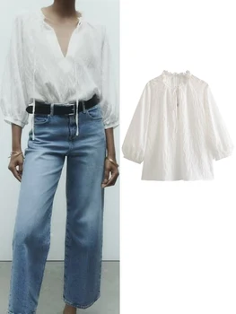 Новейшая элегантная Женская однотонная блузка TRAF 2023, осенняя офисная женская рубашка с круглым вырезом и длинным рукавом-фонариком, Шикарная рубашка для пригородных поездок на шнуровке