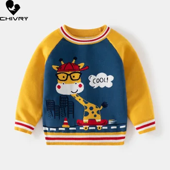 Новинка 2023 года, осенне-зимний пуловер с круглым вырезом для маленьких мальчиков, свитер, жаккардовые вязаные свитера с рисунком жирафа из мультфильма, топы с рукавами реглан