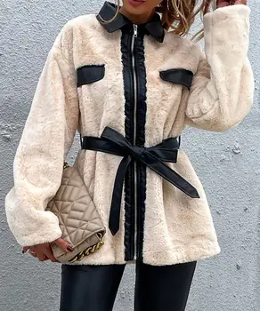 Новое контрастное плюшевое пальто средней длины с воротником-поло и длинным рукавом 2023 года выпуска