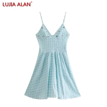 Новое летнее Женское мини-платье в клетку с вышивкой, женское повседневное платье с V-образным вырезом Slim Fit, Vestidos LUJIA ALAN WD2995