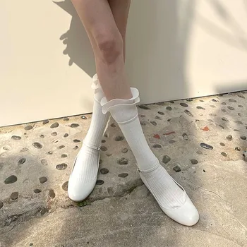 Новые весенне-летние двухслойные носки из телячьей кожи с черным краем, Стереоскопические носки с двойной иглой, однотонные носки средней длины, наборные носки, женские носки