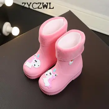 Новые детские непромокаемые ботинки для девочек, резиновые непромокаемые ботинки для мальчиков и маленьких девочек, теплая детская водонепроницаемая обувь из ПВХ Modis с мультяшным единорогом, съемная