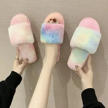 Новые женские большие домашние нескользящие плюшевые туфли на мягкой подошве с надписью Rainbow, Хлопчатобумажные тапочки