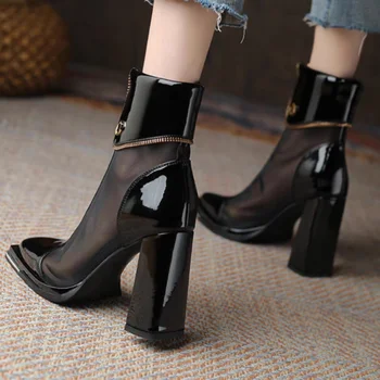 Новые женские летние ботинки с квадратным носком на сверхвысоком каблуке, сетчатые полые ботинки на толстом каблуке, модные ботильоны на молнии сзади