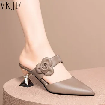 Новые женские тапочки с острым носком на высоком каблуке, элегантные модельные туфли-шлепанцы с цветочным рисунком, Пикантная дизайнерская обувь, Летние Zapatos Mujer