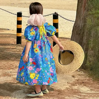 Новые Летние Детские Пляжные Платья в Богемном стиле, Платья для девочек с Цветочным принтом, Длинные платья для Маленьких Девочек от 3 до 8 лет
