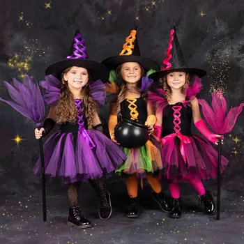 Новый костюм маленькой ведьмы для девочек на Хэллоуин, детский костюм волшебницы, газовая пышная юбка, праздничный костюм для выступлений