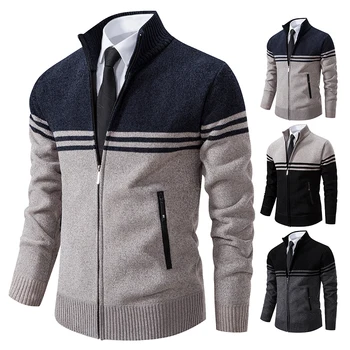 Новый мужской зимний свитер, толстый флисовый теплый свитер, повседневный кардиган на молнии с воротником-стойкой, модное полосатое пальто