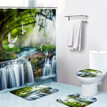 Новый набор для декора ванной комнаты Nature Falls Trees Bird включает занавеску для душа, нескользящий ковер, крышку для сиденья унитаза и U-образный ковер