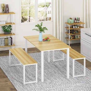 Обеденный стол Homury с двумя скамейками, комплект из 3 предметов, белый и дубовый обеденный стол, набор мебели, роскошный обеденный стол, набор