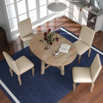 Обеденный стол в фермерском доме из 5 предметов, деревянный круглый раздвижной обеденный стол и 4 мягких обеденных стула для ресторанной мебели