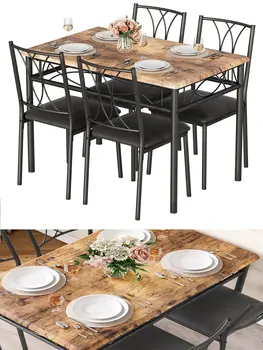 Обеденный стол из 4 предметов с винной полкой - Кухонный стол и стулья из металла и дерева, прямоугольный обеденный стол в деревенском коричневом стиле, набор для столовой