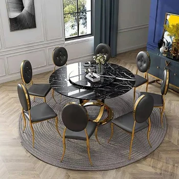 Обеденный стол со стульями Золотистого цвета, мягкая Роскошная Ресторанная мебель на заказ, Круглый Складной стол из черного Мрамора для кухни