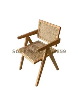Обеденный стул из ротанга Nordic solid wood home в стиле ретро со спинкой дизайнерское кресло для отдыха с балконным подлокотником из Чандигарха