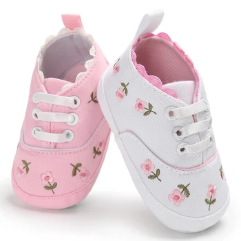 Обувь для маленьких девочек, Белая кружевная мягкая обувь с цветочной вышивкой, ходунки для малышей, Детская обувь для первых ходунков