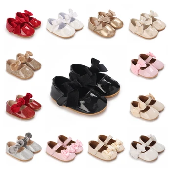 Обувь для новорожденных, обувь для мальчиков и девочек, Классическая обувь с бантом на резиновой подошве, противоскользящая обувь из искусственной кожи, Обувь для первых ходунков, обувь для кроватки для малышей