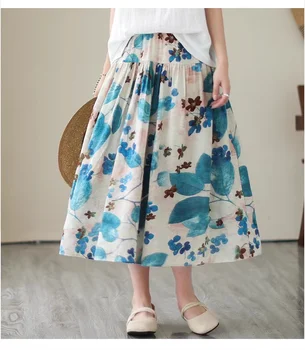 Одежда в стиле бохо, женская юбка mori girl, японский стиль, свежий хлопок и лен, эластичный пояс, длинные юбки с принтом синих листьев, длинные юбки