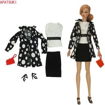 Одежда в черный горошек, костюм для куклы Барби, модная куртка, пальто, топ, юбка, Сумочка, кошелек, Обувь для кукол Barbie 1/6, аксессуары для кукол