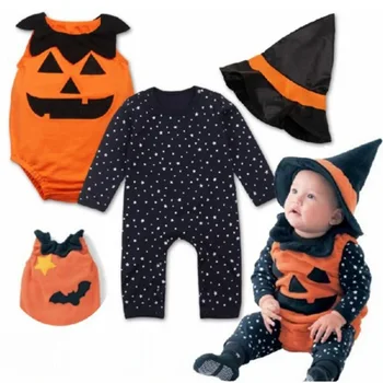 Одежда для маленьких мальчиков, косплей, комбинезон с принтом тыквы на Хэллоуин, комбинезон для малышей + жилет + шляпы, комплекты одежды из 3 предметов, праздничные костюмы для девочек