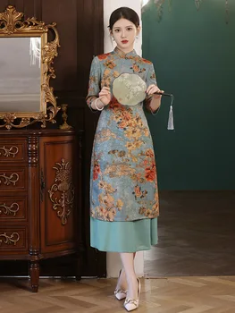 Осеннее атласное платье Aodai Cheongsam Daily с воротником-стойкой и рукавом Seven Points, китайское женское платье Ципао