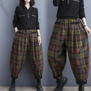 Осенние винтажные женские джинсы в клетку в стиле пэчворк, повседневные свободные эластичные брюки с высокой талией, универсальные модные брюки, уютные универсальные шаровары