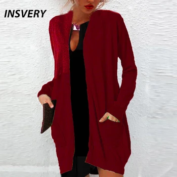 Осенний Женский кардиган с длинным рукавом, повседневные тонкие куртки с длинным рукавом для женщин, Однотонное свободное однотонное пальто красного цвета