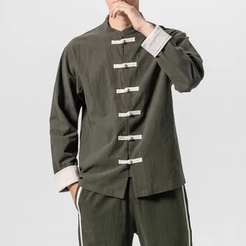 Осенняя рубашка с длинными рукавами, мужская китайская винтажная Дисковая пряжка, древнее платье династии Тан, Свободный топ Большого Размера, одежда для чая Дзен