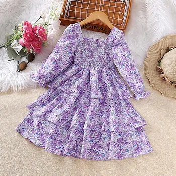 Платье для девочек 4-7 лет, фиолетовое платье для торта с длинными рукавами в цветочек, повседневное платье принцессы для отпуска в корейском стиле