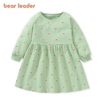 Платье для девочек Bear Leader 2023, Осеннее новое платье с длинными рукавами и радужным принтом для девочек, модное детское платье с принтом