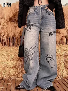 Повседневные женские джинсовые брюки с принтом уличной одежды BPN с высокой талией Модные Цветные Лоскутные Карманы Прямых Джинсов В Женском Стиле