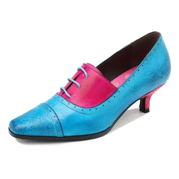 Повседневные офисные женские туфли-лодочки Смешанных цветов, натуральная кожа на шнуровке, квадратный каблук 5 см, модные женские туфли в стиле ретро, светло-голубой