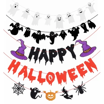 Подвесной баннер Happy Halloween, Милая тыква, Призрачный Паук, Бумажная гирлянда, флаги для домашней вечеринки на Хэллоуин