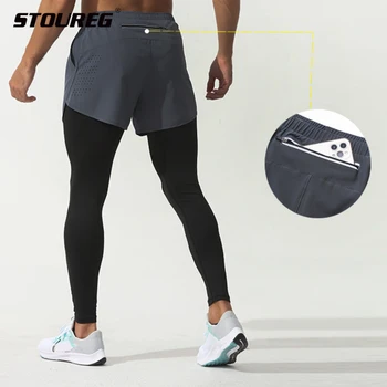 Поддельные обтягивающие спортивные штаны из двух частей для мужчин, брюки для фитнеса, эластичные быстросохнущие штаны для бега, баскетбольные тренировочные штаны, спортивные штаны