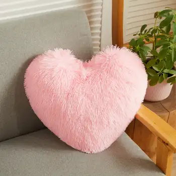 Подушка из пушистого искусственного меха в форме сердца со вставкой, декоративная подушка в форме сердца на День Святого Валентина