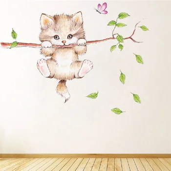 Прекрасный Кот, Свисающие Ветви, Наклейки на стену с бабочками для детской комнаты, Детской спальни, Милые Животные, наклейки на стены, Декор для детской