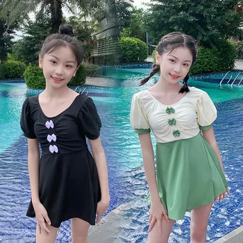 Прекрасный цельный купальник для девочек, однотонный студенческий купальник с юбкой, пляжная одежда для путешествий на море