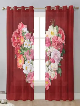 Прозрачные шторы с красным цветком любви для окна гостиной, Прозрачная Вуалевая тюлевая занавеска, шторы Cortinas для домашнего декора
