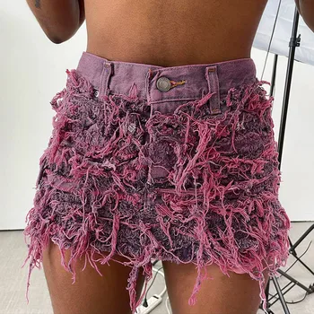 Прямая поставка Товаров 2023 Новые летние винтажные женские юбки с кисточками Уличная женская летняя мини-джинсовая юбка